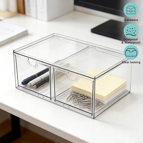 Prsildan Stackable Clear Makeup Organizer Acrylic Storage Drawers with 2 Drawers for Vanity Bathroom Office Desk Modular Drawer System for Cosmetics Jewelry Toiletries Home Organization - style: Style2-2Drawers