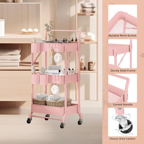 3-Tier Folding Rolling Utility Cart with Wheels, Foldable Storage Cart Organizer with 3 Hanging Cups & 6 Hooks for Kitchen, Office, Living Room, Nursery(Pink) - color: Pink