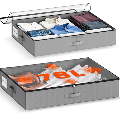 XXXL 78L Under Bed Storage, Storage Containers with Support & Clear Lid, Support Frame, Underbed Storage Bins for Clothes, Shoes, Blankets, and Toys 2 pack (78L) - size: 78L