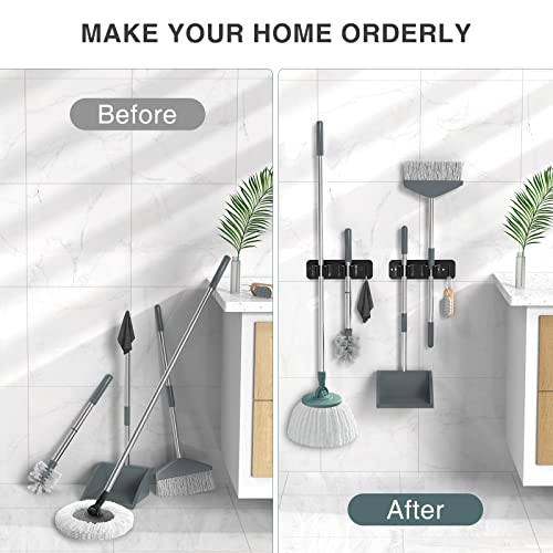 homeasy Wall Mount Mop and Broom Holder, Heavy Duty Stainless Steel Organizer Rack with Hooks | 2-Pack, 2-in-1 No Drill & Screw Installation, Black - color: Black-2