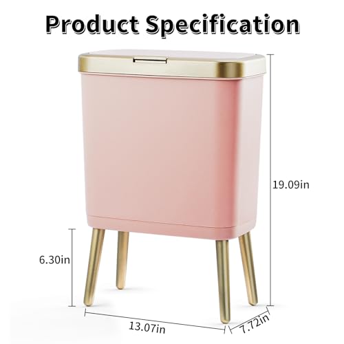 Procade Bathroom Trash Can with Lid, 4 Gallon Pink Garbage Can, Tall Plastic Trash Bin with Push Button, Slim Gold Trash Can Waste Basket for Room, Bedroom,Office,Kitchen - color: Pink