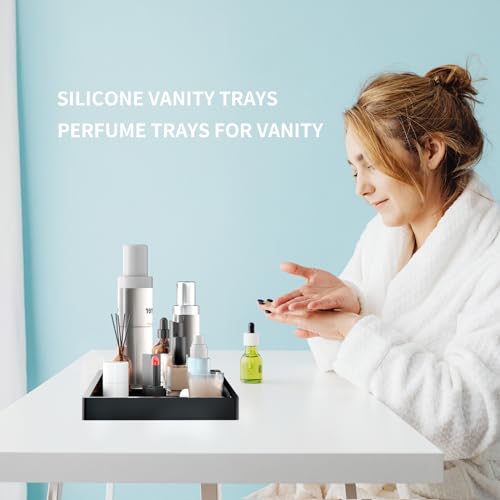 BBK Bathroom Vanity Tray- 2 Pack (7.8" and 11.8") Silicone Bathroom Tray for Counter, for Perfume Key Trinket Ring Soap Organization - Black - color: Black (Small & Large)