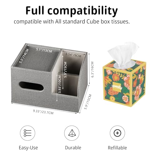 Leather Square Tissue Box Cover with Storage Tray,Cube Tissue Box Holder,Modern Facial Paper Organizer with Remote Control Holder for Bathroom,Vanity Countertop,End Table NightStand Home Office.Grey - color: Grey