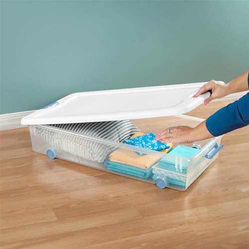 Sterilite 4-Pack 56 Quart Wheeled Latching Box, Underbed Clear Plastic Storage Organizer - Under Bed Rolling Container Bin with Lid and Wheels for Home or Dorm Bedrooms and Closets - size: 56 Quart, style: 4 Pack