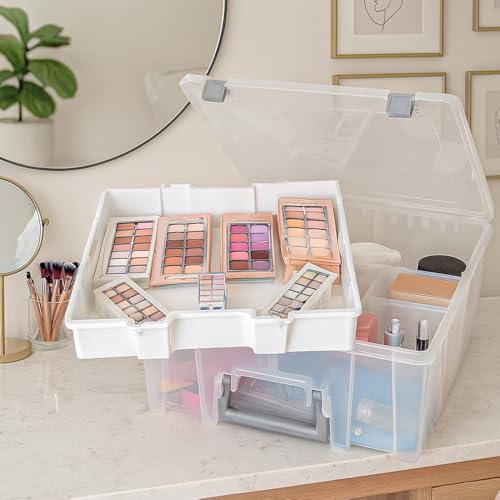 Best Kept Super Satchel Double Deep with Lift-Out Tray and Removable Dividers, Stackable Home Storage Organization Container, Clear with Sliver Latches and Handle - style: Lift-Out Tray & 8 Lower Removable Dividers