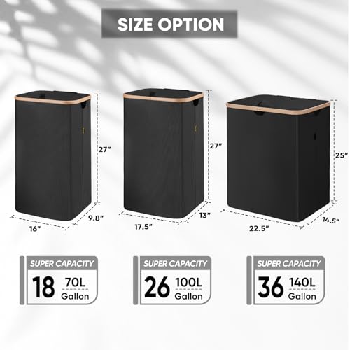 BALEINE Laundry Hamper with Lid, Tall Laundry Baskets with Bamboo Pull Handles, Large Laundry Bin with Internal Support (26Gal/100L, Carbon Black) - color: Carbon Black, size: 100 liters