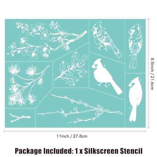 Briartw Two Cardinals & Seasonal Branches Silkscreen Stencil Reusable Self-Adhesive Mesh Stencils Silk Screen Stencil Printing for Polymer Clay Home Decoration Printing on Wood Fabric Wall Cup Plate