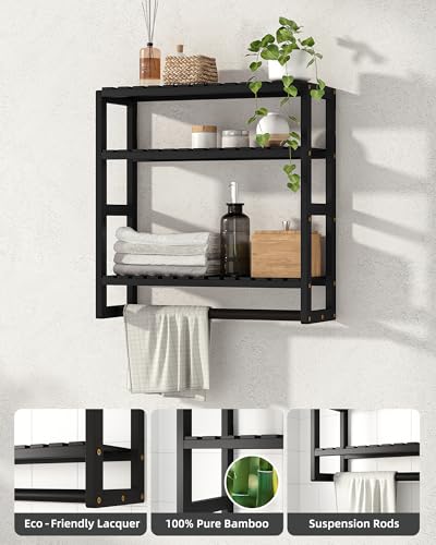 Galood Bathroom Shelves Towel Racks Over Toilet Storage with Towel Bar 3 Tier Floating Wall Mounted Space Saving Bamboo Paper Holder for Bathroom Laundry Room Kitchen Organizers (Black)