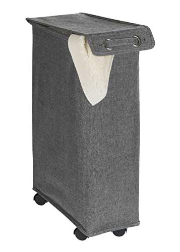 WENKO Slim Laundry Basket with Wheels, Thin Laundry Hamper, Rolling Laundry Bin with Lid, Space Saving Narrow Laundry Hamper for dirty Clothes Storage, 23.6 x 15.8 x 7.3 in, Gray - color: Black & White Tweed