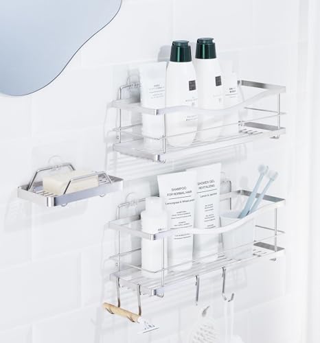 KINCMAX Shower Caddy and Soap Holder, Rustproof SUS304 Stainless Steel, Adhesive Wall Mount Double Baskets 3-pack with Hooks (Polished Silver) - color: Polished Silver, size: 2-Pack Caddies + Soap Holder