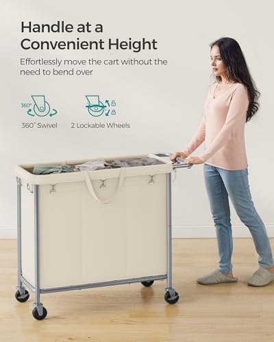 SONGMICS Laundry Basket with Wheels, 3-Section Rolling Laundry Hamper, 52.8 Gallons (200 L), Removable Liner, Steel Frame with Handle, 35.8 x 15.4 x 31.9 Inches, Cream White URLS005W01 - color: Cream White, size: 200 L (3-Section), style: Rectangular with