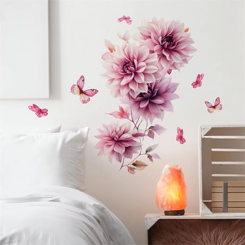 Pink Dahlia Flower Butterfly Wall Stickers, Daisy Peony Floral Art Wall Decals Removable Vinyl Peel and Stick Bathroom Living Room Bedroom Furniture Door Home Decorations
