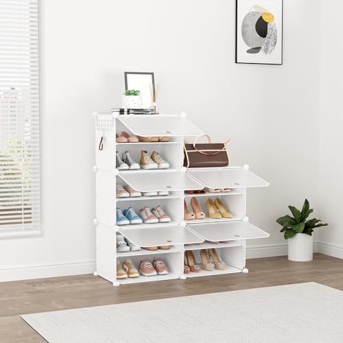 Shoe Rack 8 Tier Shoe Storage Cabinet with Door 32 Pair Tall Shoes Rack Organizer Free Standing Expandable Stable Plastic Easy Assembly Shoes Shelf for Closet Hallway Entryway Bedroom White - size: 24" Wide-32 Pairs