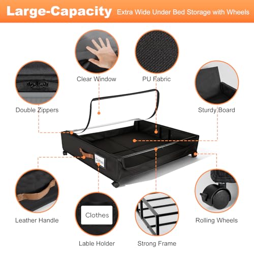 Larger Under Bed Storage with Wheels, 2-Pack XXL Underbed Shoe Storage with Clear Lid, Easy Pull-out Rolling Under Bed Storage Containers, Underbed Storage Bins for Clothes, Shoes, Black