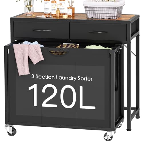 Laundry Sorter, Rolling Laundry Hamper with 3 Section Pull-Out Bags, Laundry Basket Organizer with 2 Drawers & 2-Tone Top Panel, Laundry Hamper with Wheels for Laundry Room Organization, Bathroom - size: 120 L with 3 Section