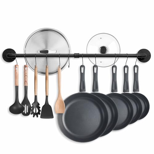 38.5 inch Pot Rack Wall Mounted Detachable Pan Rack Organizer Industrial Pipe Hanging Rail Lids Utensils Hanger Holder for Kitchen with 10 S Hooks, Black… - size: 38.5 Inches