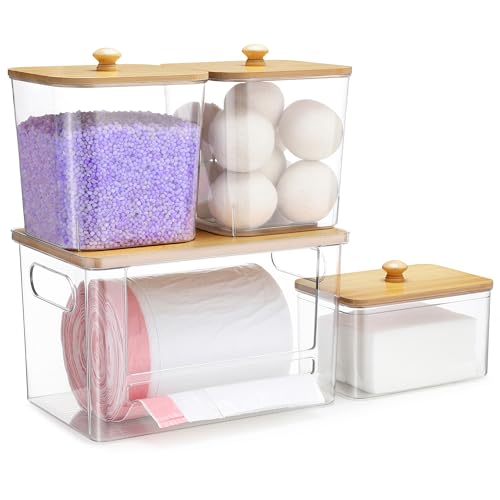 Extra Large Trash Bag Holder 4 Pack Garbage Bag Dispenser Roll Holder with Lid Laundry Room Organizer Under Sink Stackable Storage, Wall Mounted Laundry Dryer Sheet Holder Clear Pod Container - color: 4Pcs