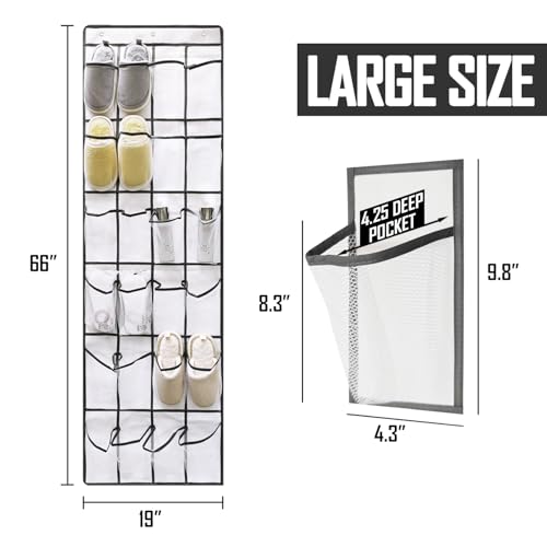 Over the Door Shoe Organizer, 24 Large Breathable Mesh Pockets, Space Saving Hanging Storage Holder, Hangs on Closets for Shoes, Accessories, 3Hooks, GREY (66"x 19")