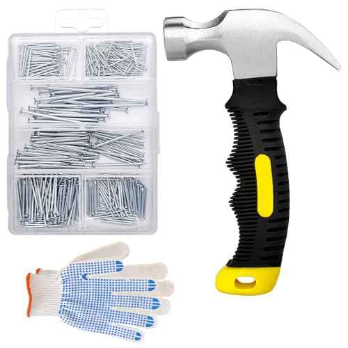 376pcs Hardware Nails Assortment Kit with 8oz Small Claw Hammer, Mini Hammer with Anti-Slip Handle, Maximum Length 2 Inches, Finishing Nails for Hanging Pictures, Household & DIY