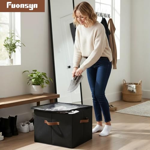 Shoe Organizer for Closet, 2 Pack Shoe Storage Bins with Clear Cover, Foldable and Adjustable Dividers, Fits 16-32 Pairs, Black - color: Black-2 Pack
