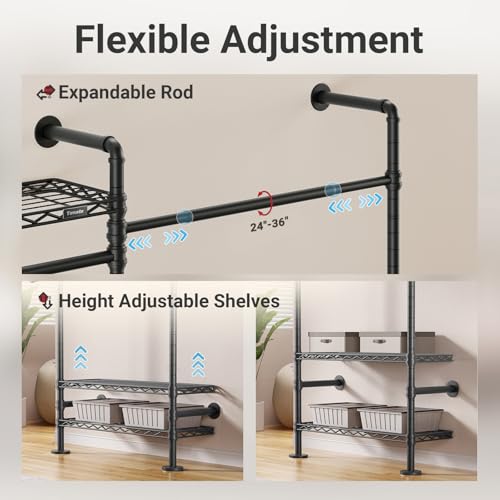 Timate F2 Pro Expandable Wall Mounted Clothes Rack Industrial Pipe Clothing Rack for Hanging Clothes, Heavy Duty Clothes Rack with Shelves, Garment Rack Wall Closet System, Black Pipe Closet Kit - color: Black, style: Timate F2 Pro