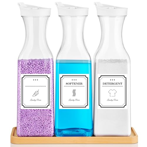 Laundry Detergent Dispenser,54OZ Laundry Soap Dispenser,Liquid Laundry Detergent Container,Fabric Softener Dispenser with Bamboo Wood Tray,Laundry Room Organizer with 4 Labels - color: White With Bamboo Tray