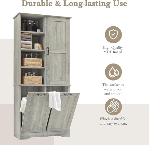 Virubi Tall Laundry Cabinet with 2 Tilt Out Hamper, Wood Bathroom Storage Cabinet with Doors and Adjustable Shelves Freestanding,Oak (Oak)