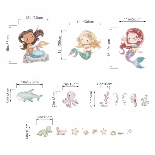 Ocean Mermaid Wall Decals - Under The Sea Marine Fish Whale Turtle Seaweed Grass Wall Stickers - Bathroom Baby Kids Nursery Girls Bedroom Daycare Wall Decor