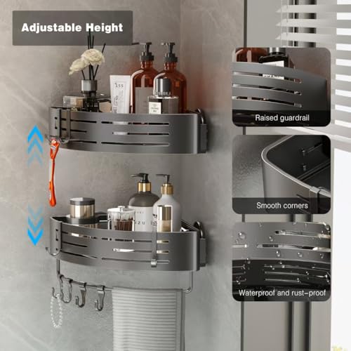 Voldra Corner Shower Caddy Suction Cup, Corner Shower Shelves No Drilling, Aluminum Upgrade Suction Cup Shower Organizer with Towel Bar & Hooks Removable Bathroom Storage Rack(2 Pack, Matte Gray) - style: Suction Cup Triangle-2 Pack-Gray