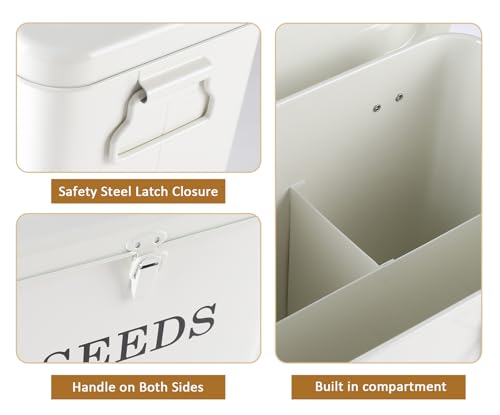 Seed Storage Organizer, T-Shape Compartment Seed Box with Safety Lock, Metal Seed Saving Box, Portable Seed Bin Container with Handle, Including 2 Pens 20 Plant Labels 50 Seed Envelopes-White - color: Tall-White