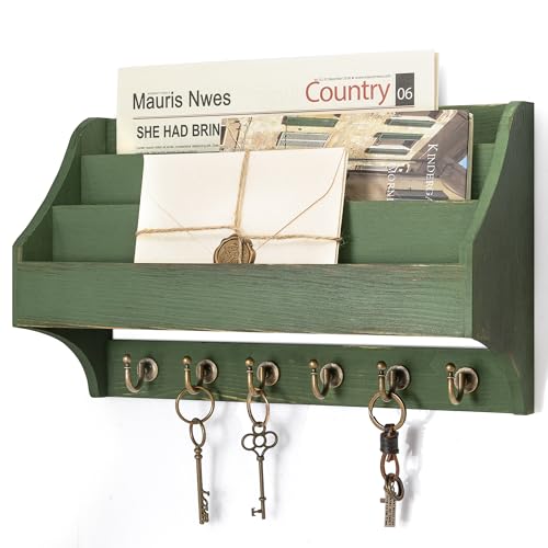 Rebee Vision Pine Wood Key Holder Wall Mount - Rustic 3-Tire Mail Holder for Wall with Sturdy Key Hooks - Multifunctional Mail Organizer Wall Mount for Sunglass at Home (Green) - color: Green