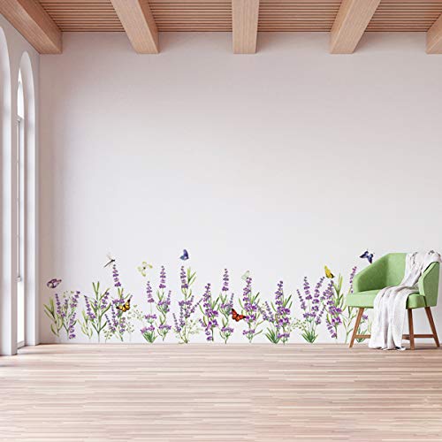 decalmile Lavender Flowers Wall Corner Decals Grass Baseboard Skirting Line Wall Stickers Living Room Bedroom Wall Art Decor(Finished Size W: 63 Inches)