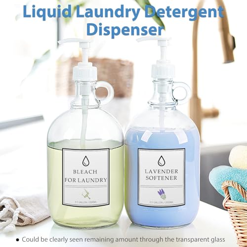 Sovietiep 2 Pack 64 Oz Laundry Detergent Dispenser with Pump and Lid - Half Gallon Glass Pump Bottle for Laundry Soap Dispenser, Liquid Detergent, Fabric Softener Dispenser - Extra Label, Funnel