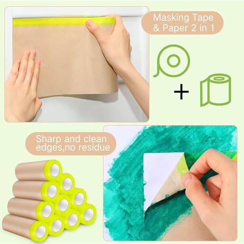 Masking Paper, 3 Size Tape and Drape Painters Paper, Plastic Painting Film, Paint Plastic Covering for Wall Covering Car Auto Body Paint Supplies, 3 Rolls