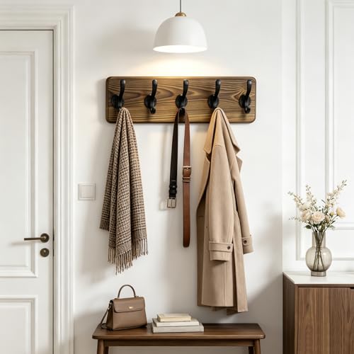 17" Coat Rack Wall Mount, Rustic Wall Mounted Coat Rack, Pine Solid Wood Coat Hook Hanger with 5 Metal Hooks- Wall Coat for Hanging Clothes Key Robes Towels Coats - color: Brown, size: 17 inch