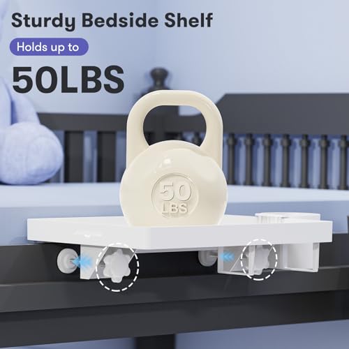 Bedside Shelf for Top Bunk Bed, Bedroom Dorm Room Essential Nightstand for College Student, White Bunk Bed Tray Table with 50LBS Capacity, BedShelf with Cup Holder (Material & Clamping Screw Updated) - color: White (Updated Version)