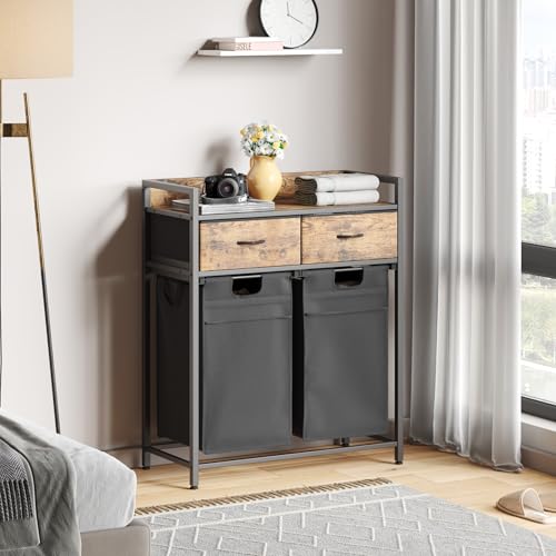 Mondeer Laundry Sorter with 2 Drawers, 100L with Pull-Out Removable Laundry Bags, Laundry Hamper Baskets with 2 Section and Wheels, Rustic Brown and Black - size: 2 Drawers