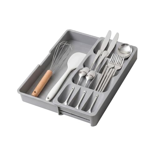 Expandable Silverware Drawer Organizer Tray, Adjustable Utensil Holder for Kitchen Drawers, BPA-Free Plastic Cutlery and Flatware Storage Divider
