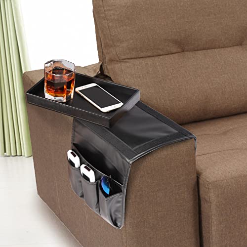 Couch Caddy, Armchair caddy with Detachable Tray, Non-Slip PU Leather Remote Control Holder for Recliner with 5 Pockets (Black) - color: Black