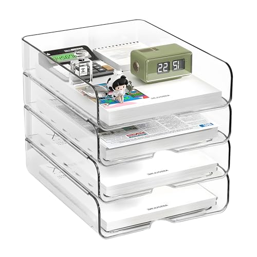 4-Tier Paper Organizer for Desk, Stackable Desk Organizer Paper Tray, Ideal for Office Supplies, A4 Storage (Clear, 4-Tier)