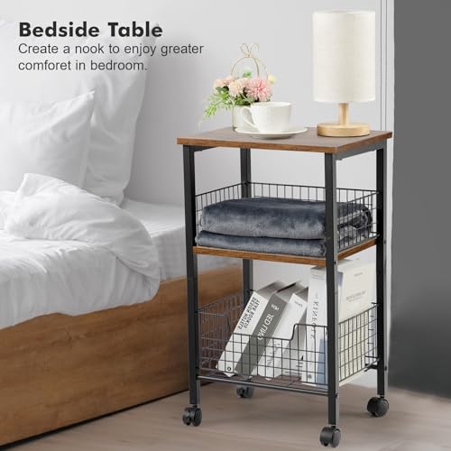Hadulcet Small End Table, 3-Tier Side Table with Storage Basket, Industrial Style Side End Table for Living Room Bedroom Kitchen Bathroom, Rustic Brown