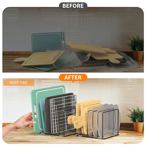 Cutting Board Organizer, [2-Pack] Kitchen Cabinet Organizer, Divided Rack with 5 Slots for Baking Trays, Cutting Boards - Cookie sheet Organizer Inside Cabinet, Baking Sheets Holder (Large) - style: 2PC(Large)