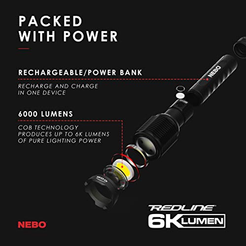 NEBO Redline 6K Rechargeable Flashlight | 6000 Lumens, 4 Light Modes, Durable Metal & Waterproof, Bright Tactical Light for Camping, Hunting & EDC, Includes Charging Cable