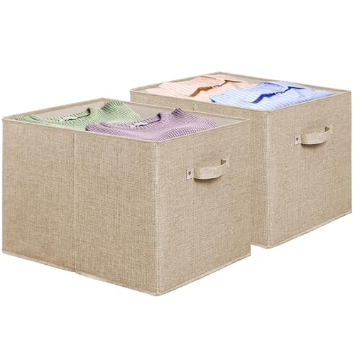 Simple Houseware 15 x 13 Inch Collapsible Fabric Storage Bin with Handles, 2 Pack, Beige - color: Beige