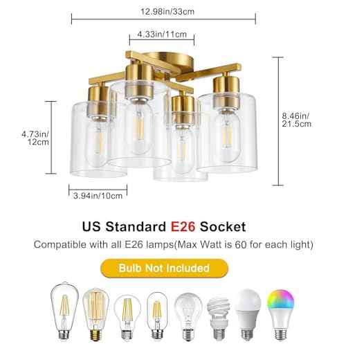 4 Light Semi Flush Mount Ceiling Light Brushed Gold Kitchen Lighting Fixtures Ceiling Brass Hallway Cieling Lights Fixture with Clear Glass Shade for Bedroom Dining Room