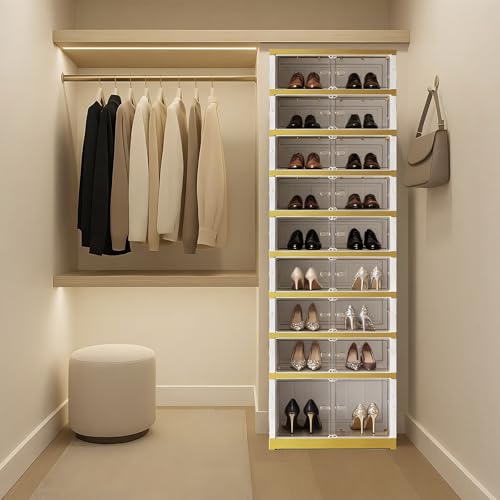 SYNCVIBE Shoe Rack Organizer for Closet Entryway Foldable Sneaker Storage Shoe, Collapsible Shoe Cabinet, Stackable Shoe Storage Cabinet with Lids for Living Room (9 Tiers -18 Pairs White Gold) - size: 9 Tiers -18 Pairs White Gold