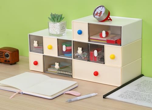Desktop Storage Drawers, Plastic Desk Organizer with 2 Drawers, Modular Stackable Toolbox Units for Office Stationary, Makeup Container, Bathroom Countertop (Tall Layer, White & Clear) - color: 1 Tall Layer & 2 Drawers, White & Clear