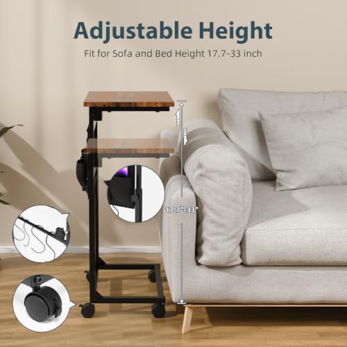 Adjustable Height Couch Table with USB-C Charging Station & Pocket Storage – Compact Couch Stand with Hooks & Wheels for Small Spaces & Living Room, Adjustable C Table (Rustic Brown)