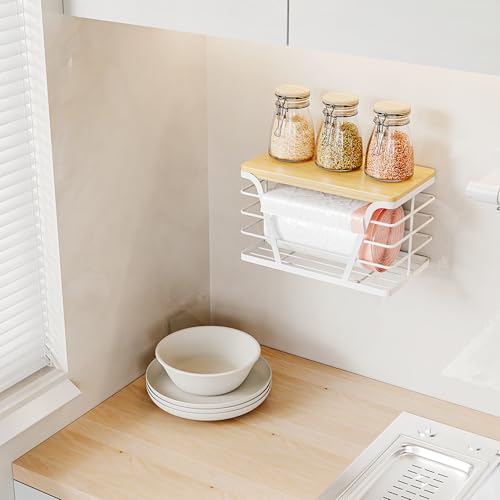 TIDIIABODE Small Grocery Bag Holder, Trash Bag Dispenser with Removable Bamboo Top, No Drill,White - color: 1-Pack-S-White