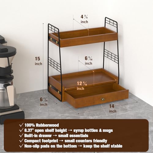 Coffee Bar Station Organizer with Built-In Drawer, 2-Tier Countertop Shelf for Tea Bags, Coffee Accessories, Syrup Bottles (Walnut) - color: Walnut